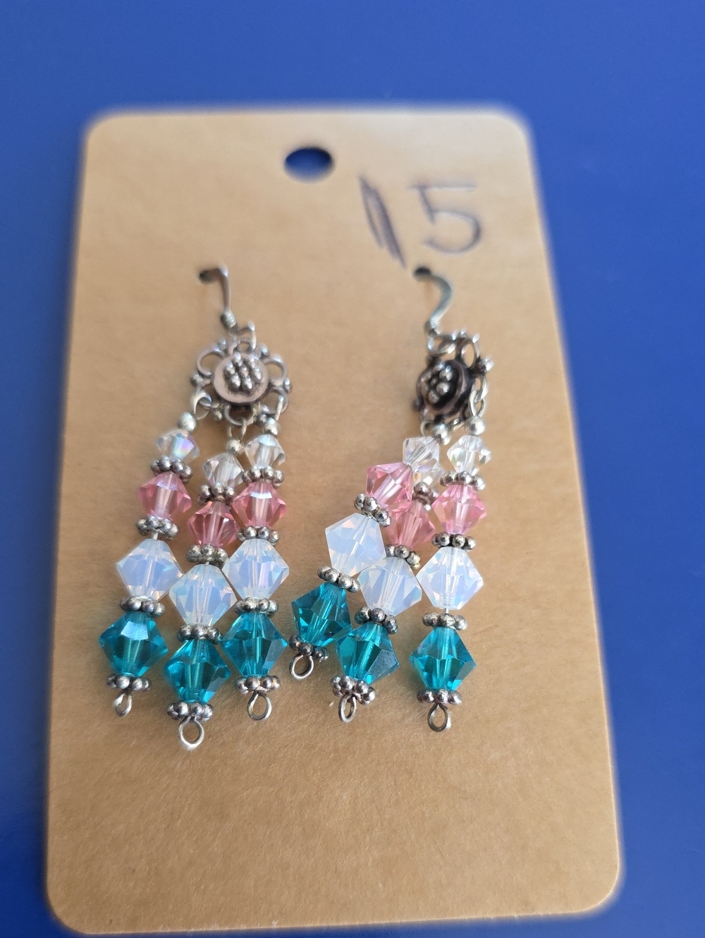 Handmade Pink White Teal Swarovski Crystal Dangle Earrings